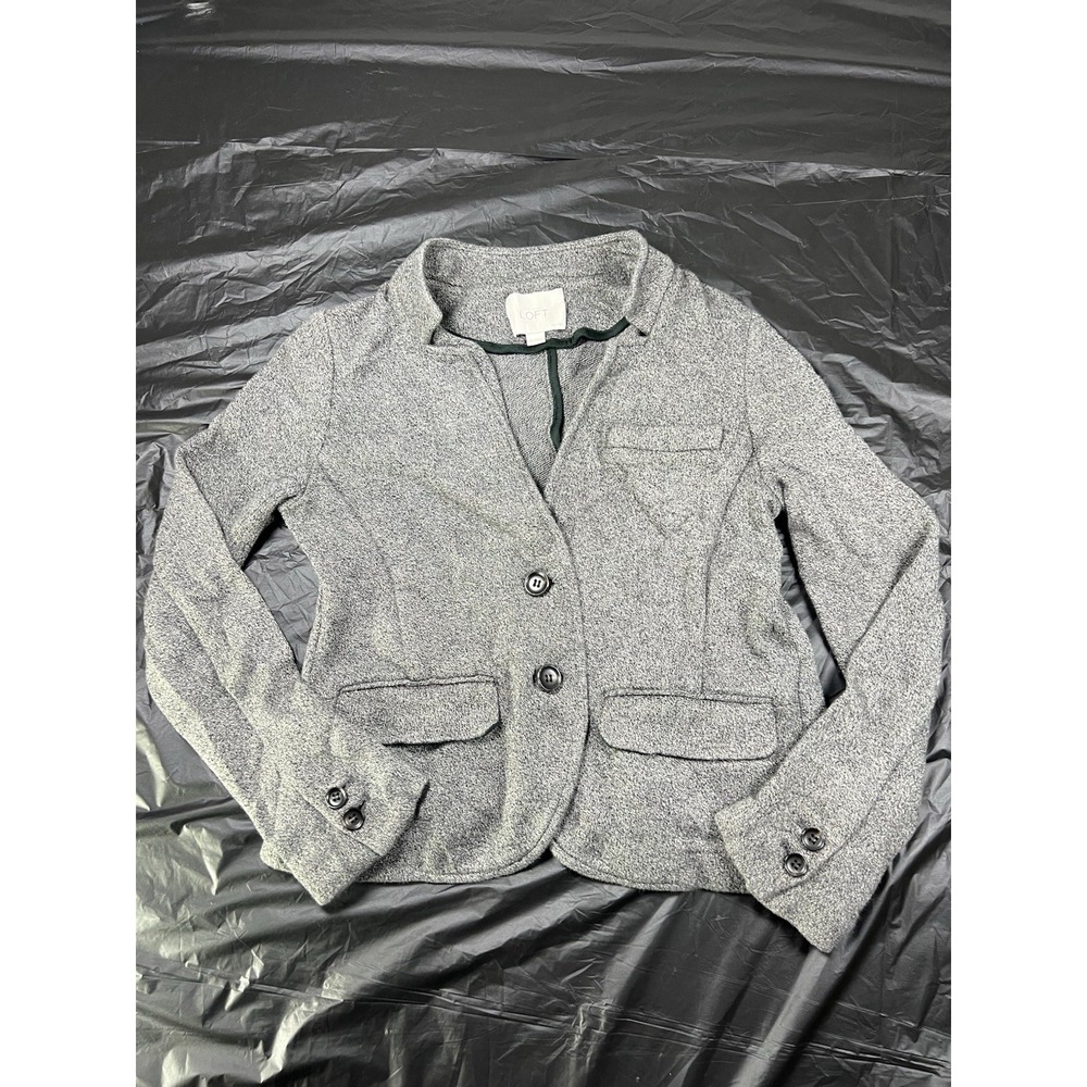 LOFT Ann Taylor Womens Small Petite SP Gray Knit Blazer Jacket Contrast Trim